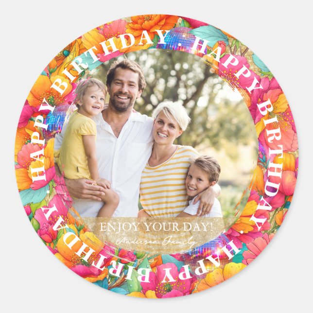 Sticker Rond Boule de Disco Florale Rose Joyeux Anniversaire Ph (Devant)