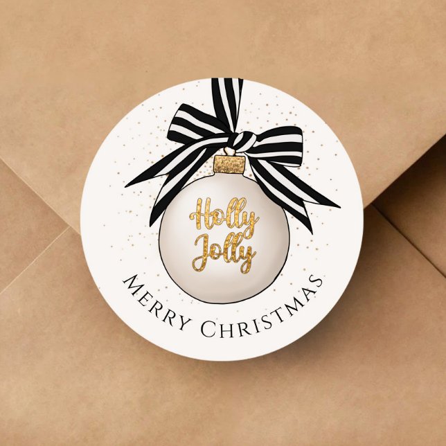 Sticker Rond Boule de Noël blanche noire Joyeux Noël (Merry Christmas Bauble White Black Classic Round Sticker)