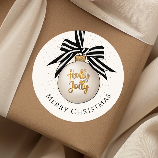 Sticker Rond Boule de Noël élégante et joyeuse  (Merry Christmas Bauble White Black Classic Round Sticker)