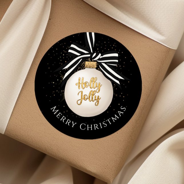 Sticker Rond Boule de Noël Joyeux Noël Noir (Merry Christmas Bauble Black Classic Round Sticker)