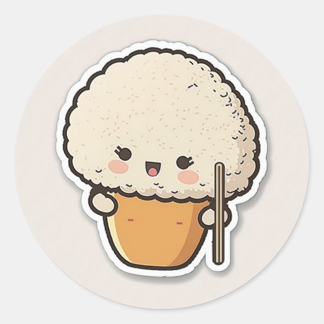 Sticker Rond Boule de riz mignonne avec baguettes (Devant)