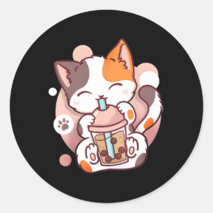Sticker Rond Boule de thé Boba Neko Anime Kawaii Japonais