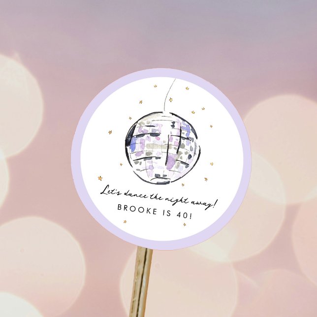 Sticker Rond Boule Disco Étoile Aquarelle Anniversaire (Fabulous watercolor painted disco ball personalized birthday/bachelorette classic round sticker.)