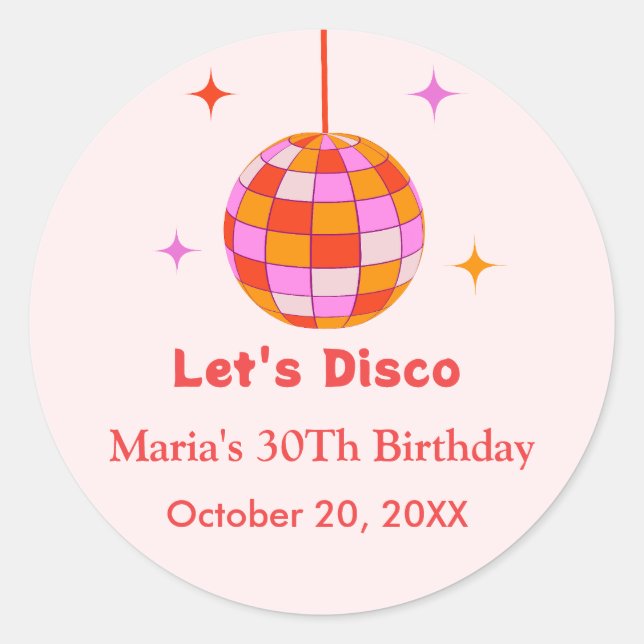 Sticker Rond Boule Disco Orange Rose Fête d'anniversaire Let's  (Devant)