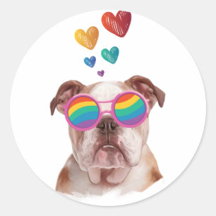 Sticker Rond Bouledogue anglais avec coeurs Saint-Valentin 