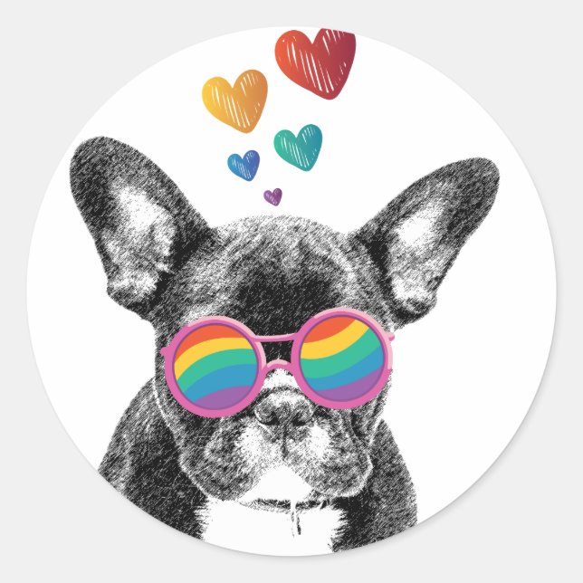 Sticker Rond Bouledogue français avec coeurs Saint-Valentin (Devant)