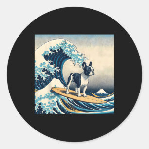 Sticker Rond Bouledogue Français Avec Surf Faisant du Surf La G