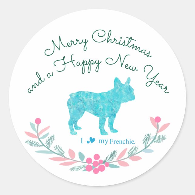 Sticker Rond Bouledogue Français Bleu Pastel Fêtes (Devant)