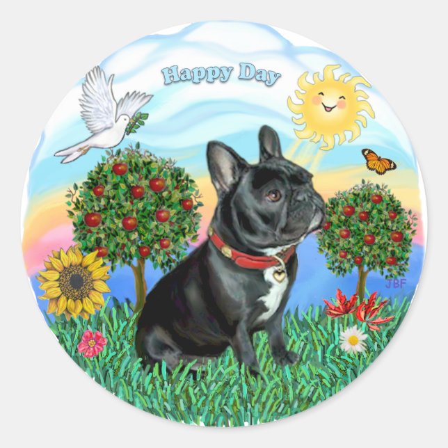 Sticker Rond Bouledogue français (collier noir-rouge) (Devant)