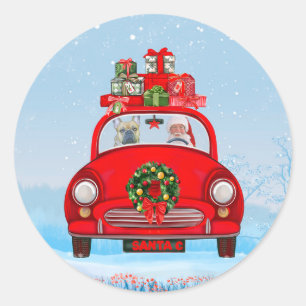 Sticker Rond Bouledogue français dans une voiture avec le Père 