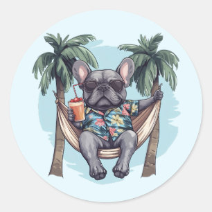 Sticker Rond Bouledogue français en haut hawaïen