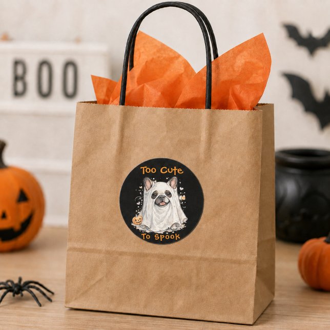Sticker Rond Bouledogue français Halloween Gentil Fantôme (Créateur téléchargé)