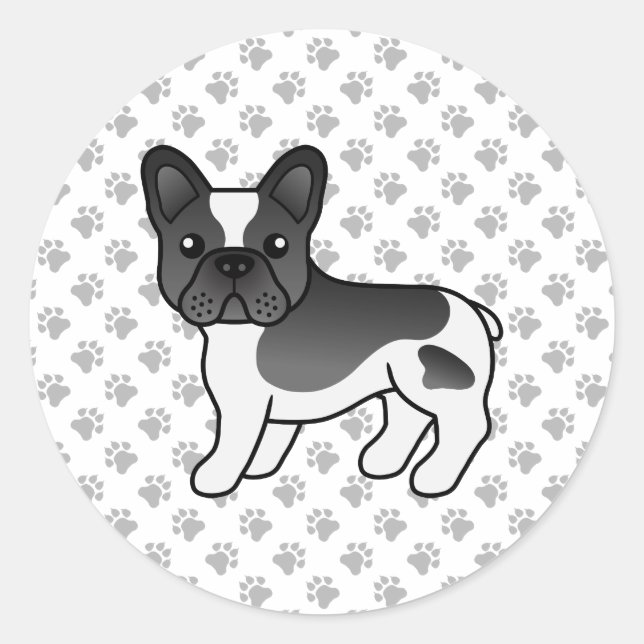 Sticker Rond Bouledogue Français Pie Noir Mignon Chien de Dessi (Devant)