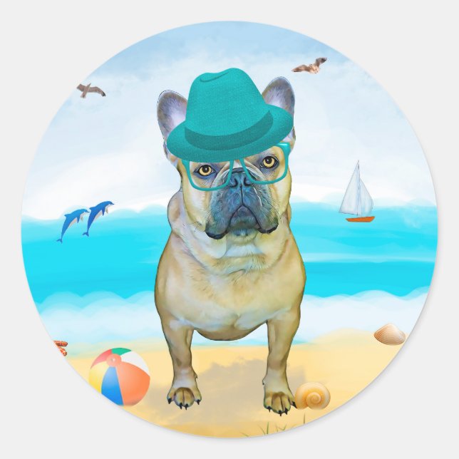 Sticker Rond Bouledogue français sur la plage (Devant)