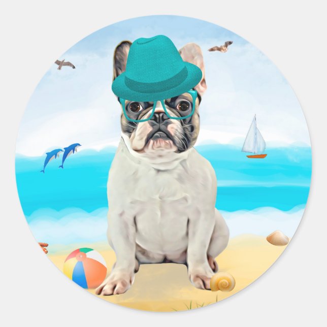 Sticker Rond Bouledogue français sur la plage (Devant)