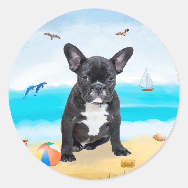 Sticker Rond Bouledogue français sur la plage (Devant)