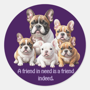 Sticker Rond Bouledogues français amis amusants Bouledogues