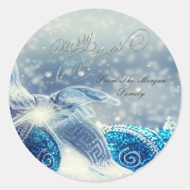 Sticker Rond Boules de Noël bleues élégantes (Devant)