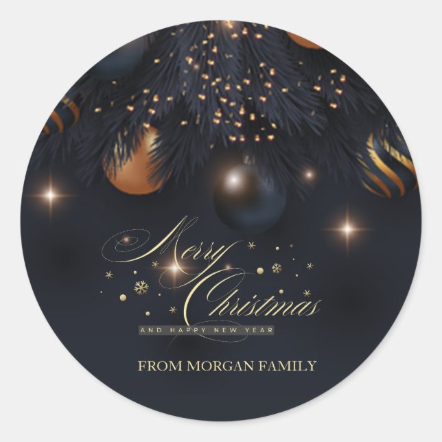 Sticker Rond Boules de Noël Branches de Pin Noir (Devant)