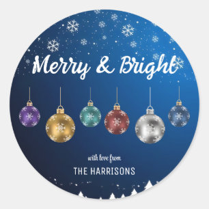 Sticker Rond Boules de Noël colorées Flocs de neige Bleu