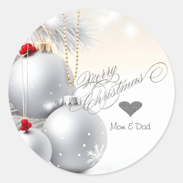 Sticker Rond Boules de Noël et branches de cœur argenté élégant (Devant)