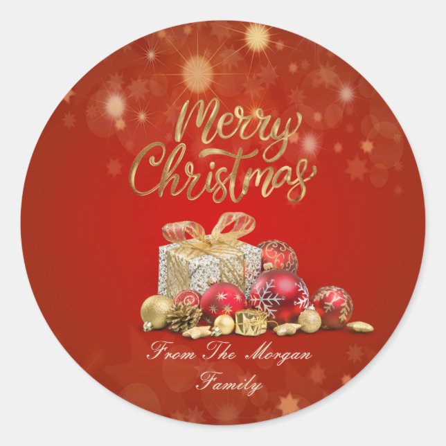Sticker Rond Boules de Noël rouges, Présents Joyeux Noël (Devant)