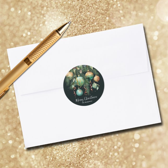 Sticker Rond Boules dorées arbre de Noël (Gold and green Christmas tree ornaments round envelope seal stickers)