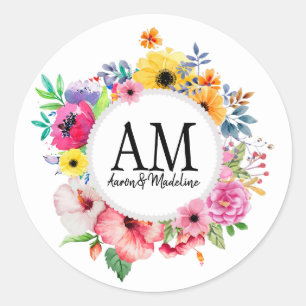 Sticker Rond Bouquet coloré de monogramme floral personnalisabl