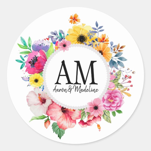 Sticker Rond Bouquet coloré de monogramme floral personnalisabl (Devant)