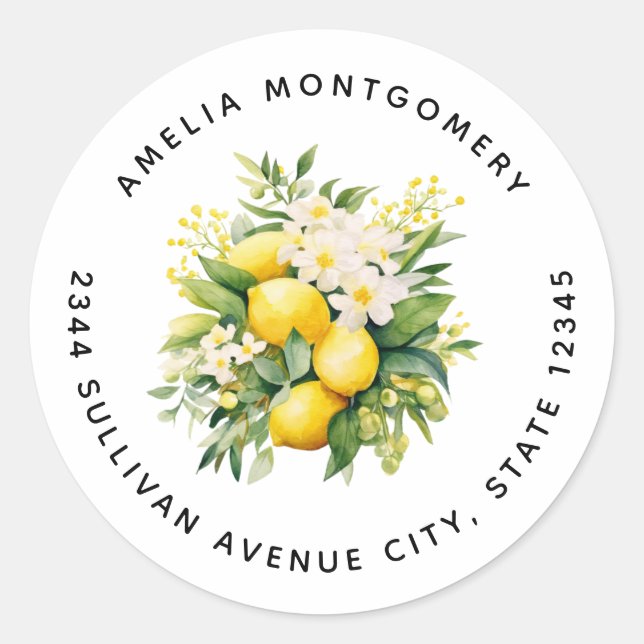 Sticker Rond Bouquet de Citron avec Fleurs Blanches - Adresse (Devant)