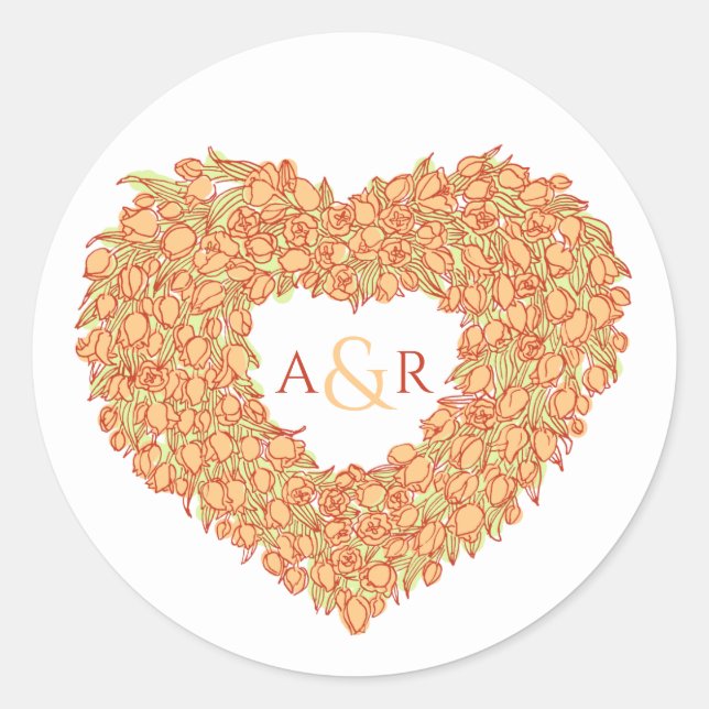 Sticker Rond Bouquet de coeur de tulipe mariage orange monogram (Devant)