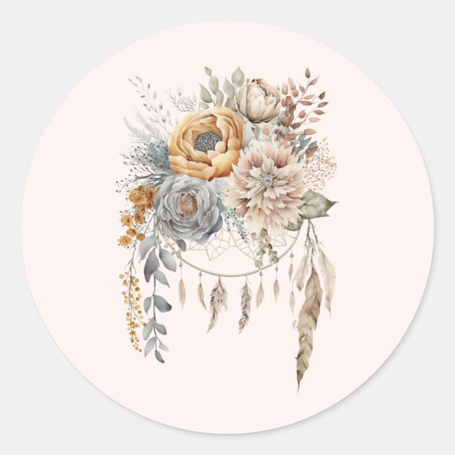 Sticker Rond Bouquet de fleurs Boho et Dreamcatcher (Devant)