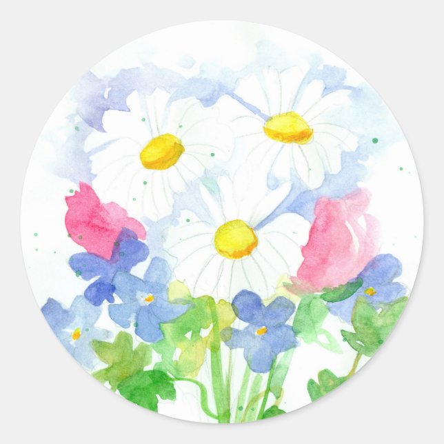 Sticker Rond Bouquet de fleurs d'aquarelle Shasta Daisy (Devant)