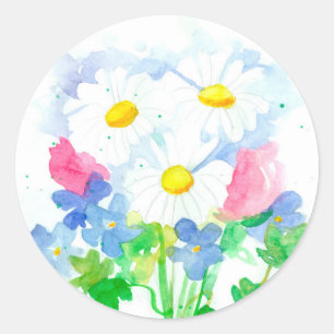 Sticker Rond Bouquet de fleurs d'aquarelle Shasta Daisy