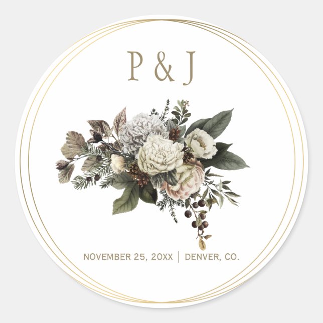 Sticker Rond Bouquet de fleurs d'hiver mariage monogrammé (Devant)