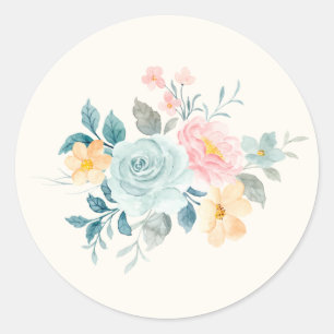Sticker Rond Bouquet de fleurs rose et bleu élégant