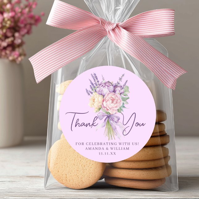 Sticker Rond Bouquet de fleurs rose violet moderne de pivoine M (Modern Pink Purple Peony Flower Bouquet Thank You Classic Round Sticker)