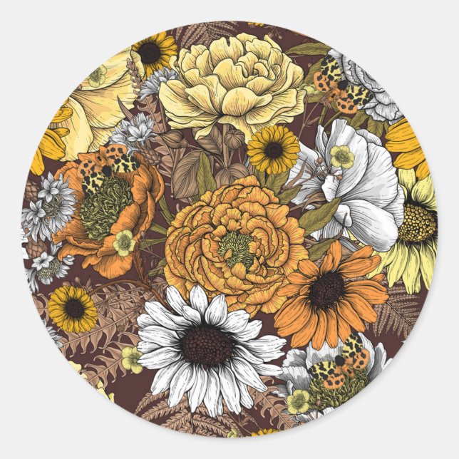 Sticker Rond Bouquet de fleurs - roses, pivoines, marguerites e (Devant)