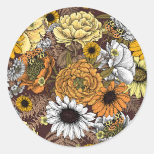 Sticker Rond Bouquet de fleurs - roses, pivoines, marguerites e
