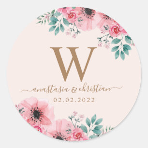 Sticker Rond Bouquet de fleurs vert rose Mariage