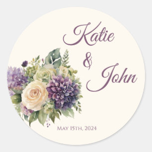 Sticker Rond Bouquet de fleurs violettes d'aquarelle Mariage