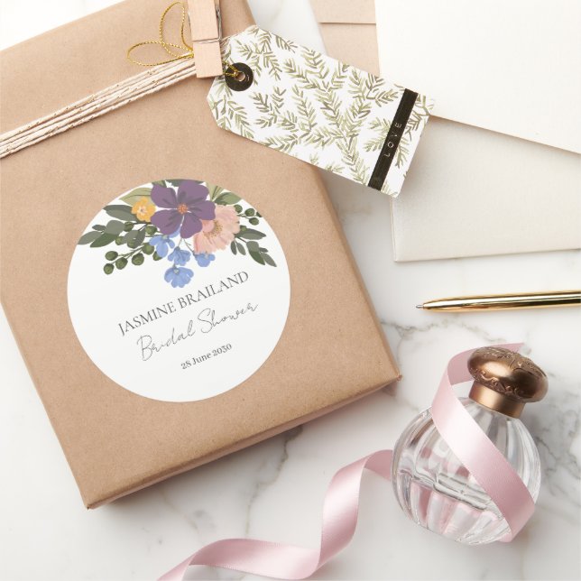 Sticker Rond Bouquet de fleurs violettes et de verdure Shower d (Cadeaux)
