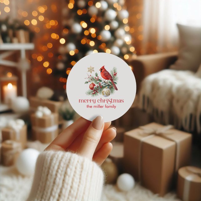 Sticker Rond Bouquet de houx de Noël Cardinal Rouge (Créateur téléchargé)