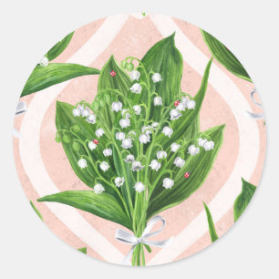 Sticker Rond Bouquet de lys de la vallée fleurs sur rose