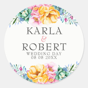 Sticker Rond Bouquet de Mariage de fleurs de rose et jaune