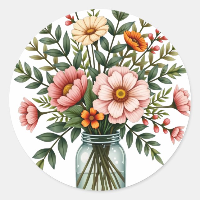 Sticker Rond Bouquet de mariage floral rustique en pot Mason bo (Devant)
