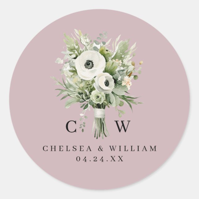 Sticker Rond Bouquet de Mariage Monogramme (Devant)