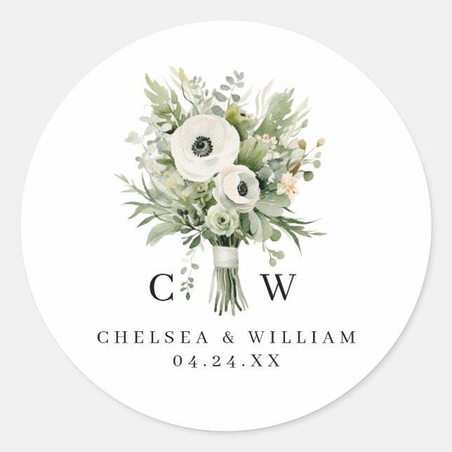 Sticker Rond Bouquet de Mariage Monogramme (Devant)