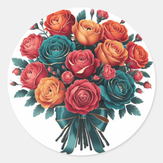 Sticker Rond Bouquet de Mariage turquoise Orange Red Peony (Devant)