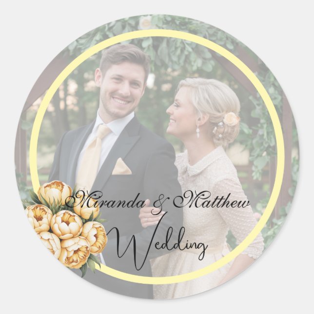 Sticker Rond Bouquet de rose jaune-beurre photo Mariage (Devant)